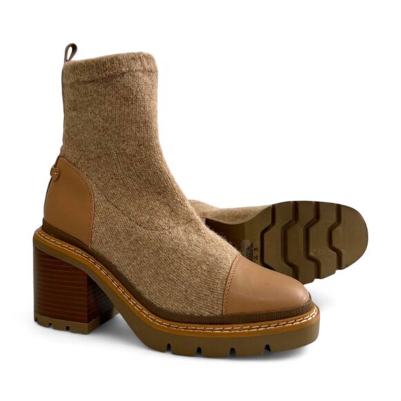 SAM EDELMAN Rozanna Luxe Tan Pull-On Lug-Sole Sweater Booties, NEW! Size 9 - Picture 1 of 8